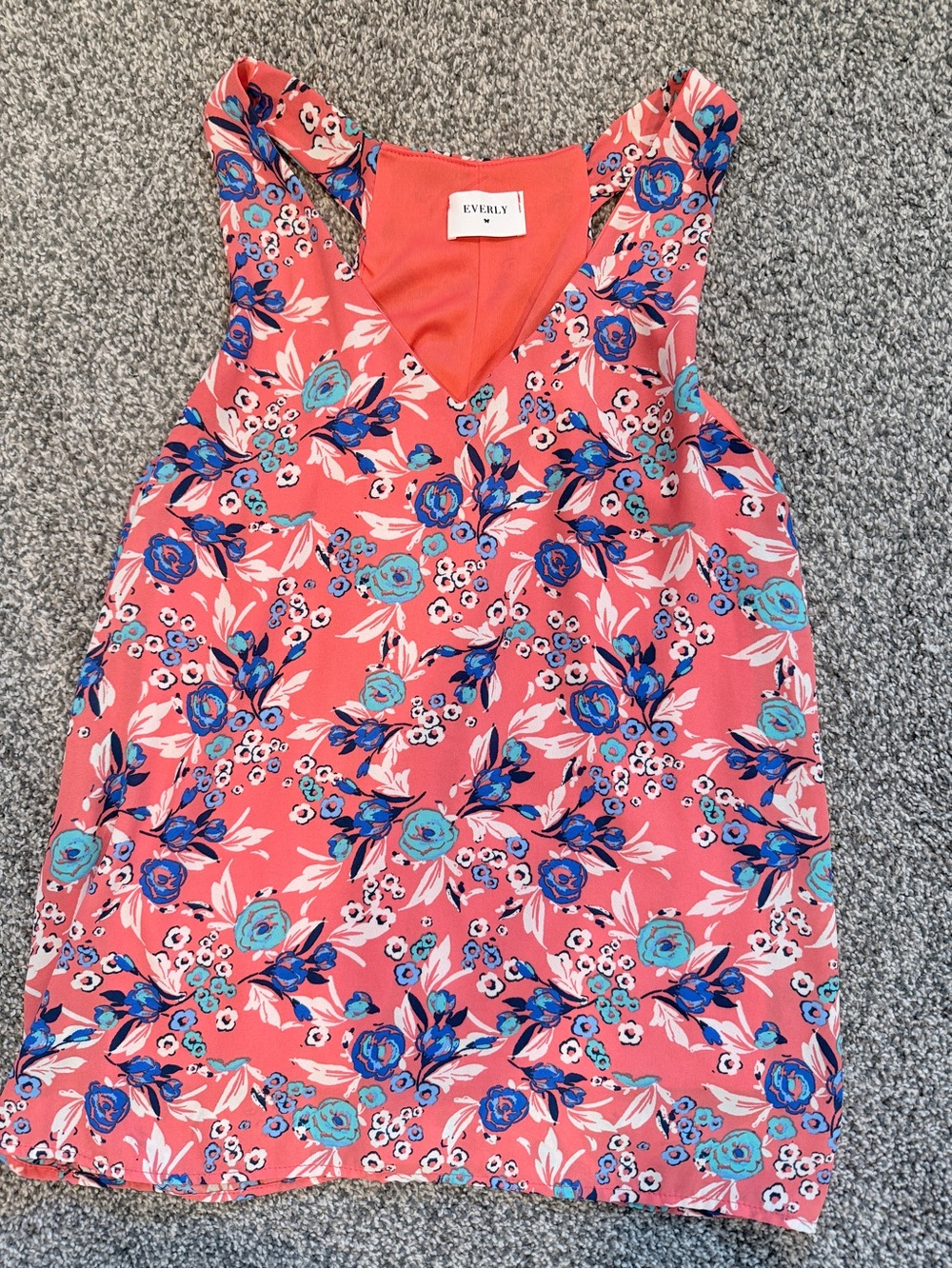 Everly Coral Pink Floral V‑Neck Camisole with Blue Floral Accents